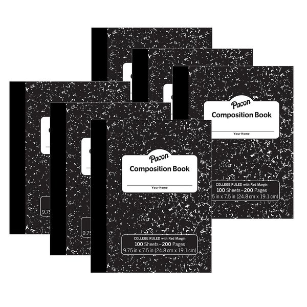 Pacon Composition Book, Black Marble, 9/32in. Ruled w/ Margin, 100 Sheets Per Book, 6PK MMK37106